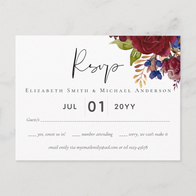 Postal Rustic Burgundy Blue Floral Wedding RSVP (Anverso)