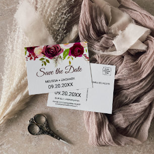 Postal Rustic Burgundy Floral Save the Date Card
