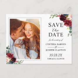 Postal Rustic Burgundy Red Floral Photo Save the Date