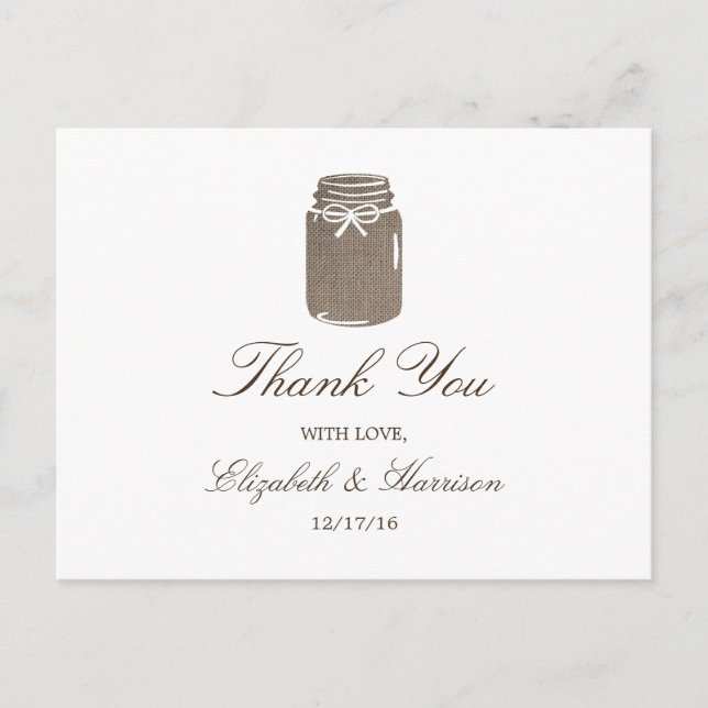 Postal Rustic Burlap Mason Jar Boda Gracias (Anverso)