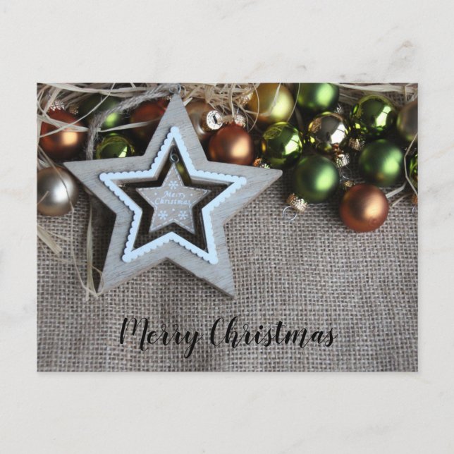 Postal Rustic Burlap Star Gold Ornamentos Verdes de Navid (Anverso)