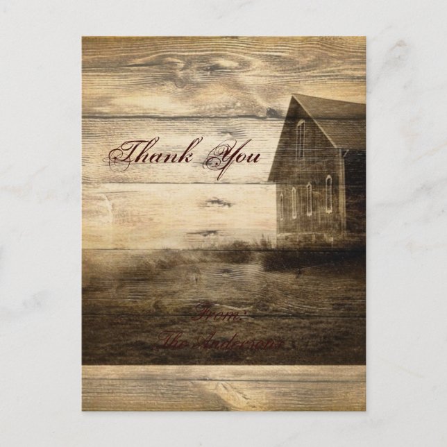 Postal Rustic Country Wood Barn Boda gracias