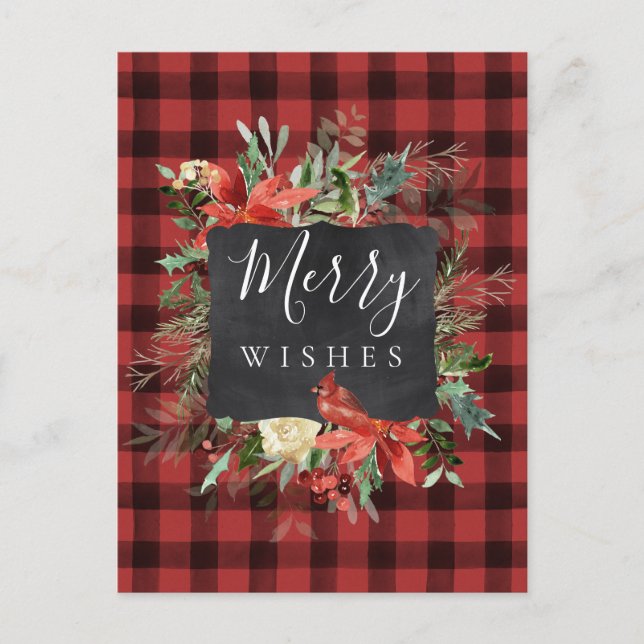 Postal Rustic Farmhouse Black Red Check Navidades (Anverso)