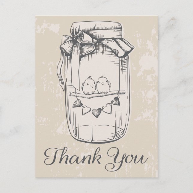 Postal Rustic Gracias Mason Jar Lovebirds Tan Boda (Anverso)