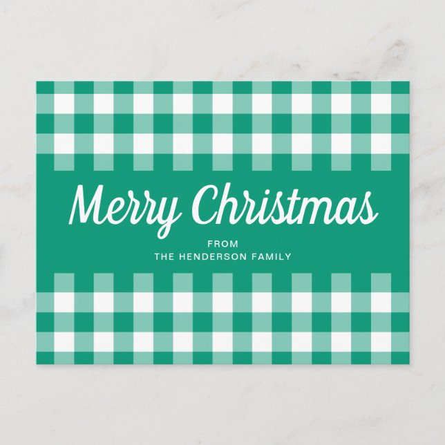 Postal Rustic Green Gingham Checkered Feliz Navidad (Anverso)