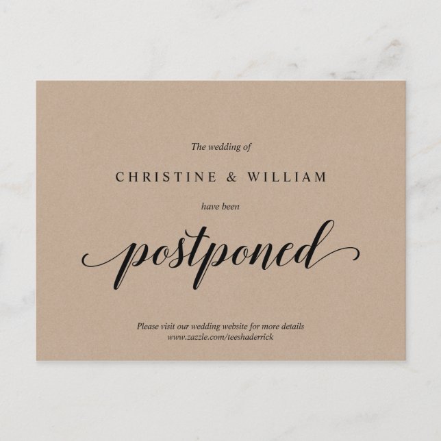 Postal Rustic Kraft,, Anuncio de retraso de boda (Anverso)