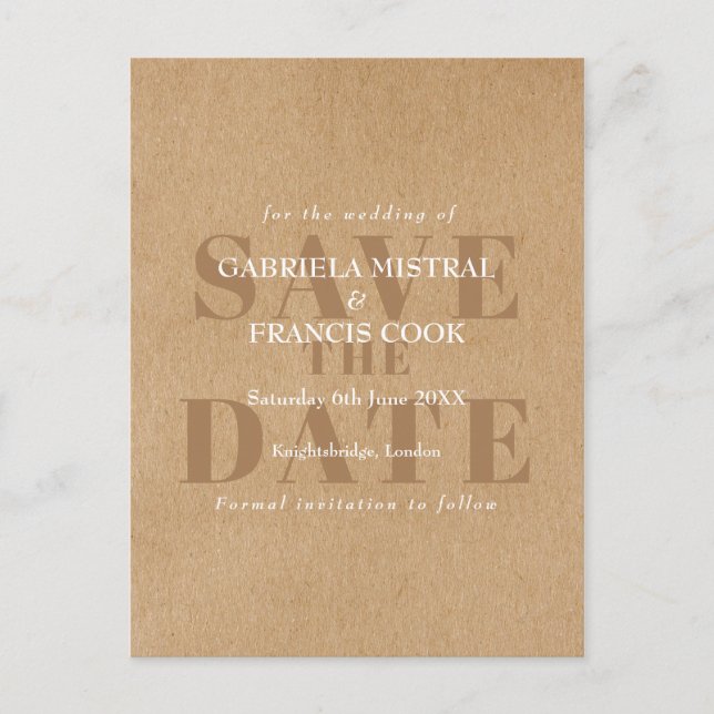 Postal Rustic Kraft Moderno Elegante Chic Salva la Fecha (Anverso)