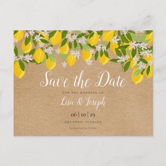 Postal Rustic Lemons Blossom Elegant Save the Date (Anverso)