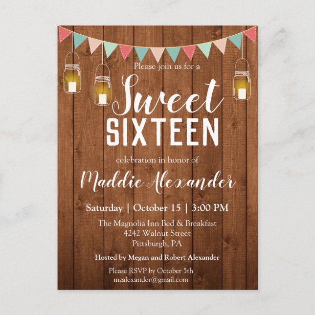 Postal Rustic Mason Jar enciende dulce fiesta de cumpleañ (Anverso)