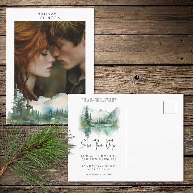 Postal Rustic Mountain Lake Scene Photo Save the Date (Rustic Mountain Lake Scene Photo Save the Date Postcard)