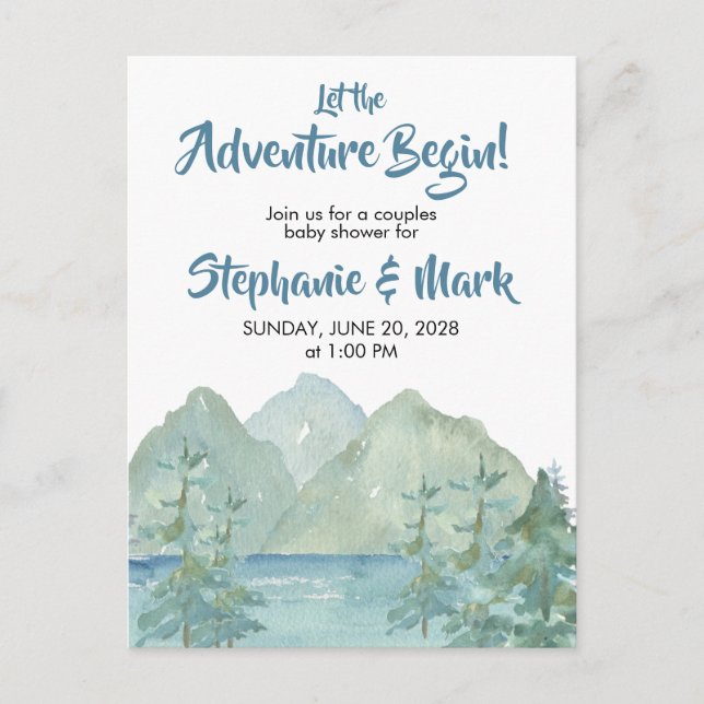 Postal Rustic Mountains Watercolor Adventure Baby Shower (Anverso)