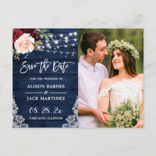 Postal Rustic Navy String Lights Photo Save the Date