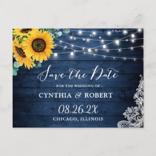 Postal Rustic Navy Sunflower Tiras de luz salvan la fecha