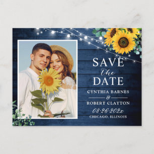 Postal Rustic Navy Sunflower Tiras de luz salvan la fecha