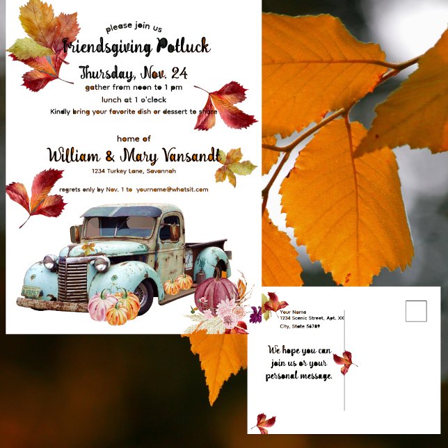 Postal Rustic Otoño Blue Truck Friendsending Potluck (Subido por el creador)