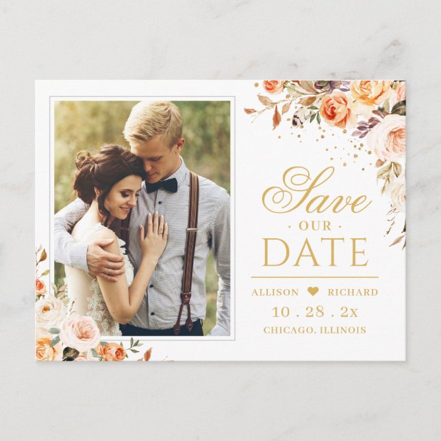 Postal Rustic Otoño Gold Floral Wedding Save the Date (Anverso)