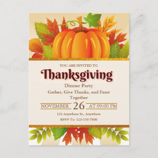 Postal Rustic Pumpkin, Autumn Leaves Thanksgiving Dinner