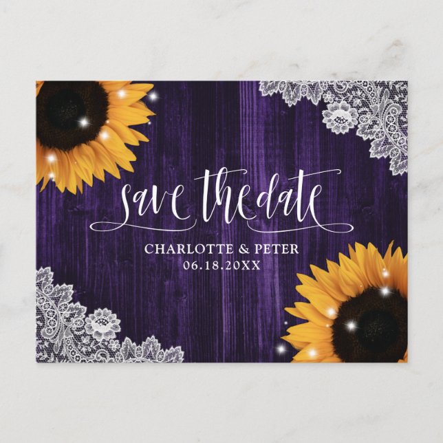 Postal Rustic Purple Sunflower Lace Wedding Salva La Fech (Anverso)