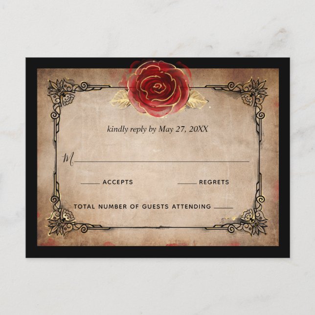Postal Rustic Red Rose Gold Black Elegant Wedding RSVP (Anverso)