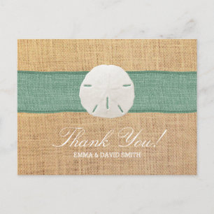 Postal Rustic Sand Dollar Green Burlap Ribbon Thank You
