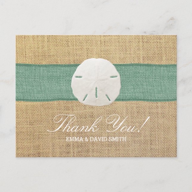 Postal Rustic Sand Dollar Green Burlap Ribbon Thank You (Anverso)