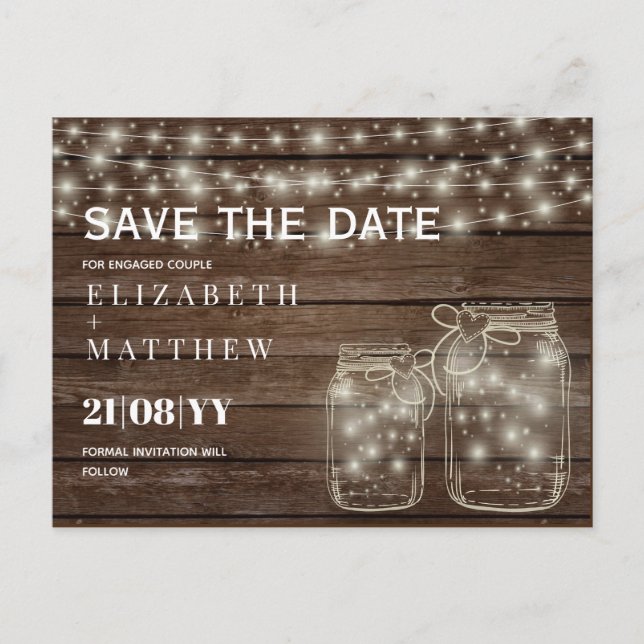 Postal RUSTIC Save Date Mason Jars Strings Lights Boda (Anverso)