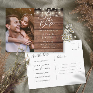 Postal Rustic String Lights Photo Wedding Save the Date