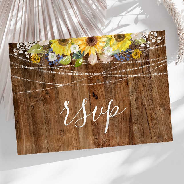 Postal Rustic Sunflower String Lights Wedding RSVP (Subido por el creador)
