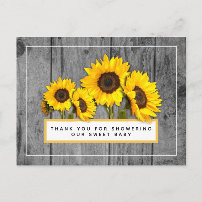 Postal Rustic Sunflower Wood Baby Shower Gracias (Anverso)