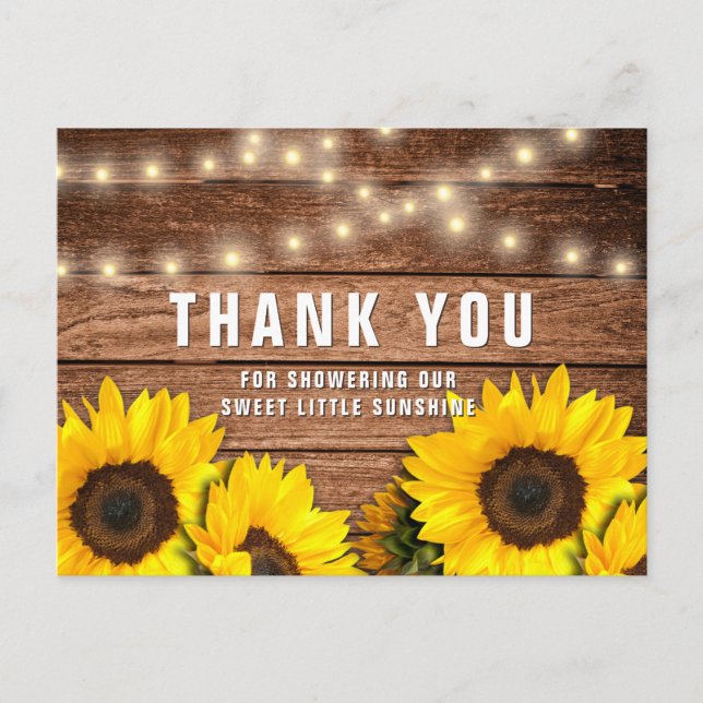 Postal Rustic Sunflower Wood Baby Shower Gracias (Anverso)