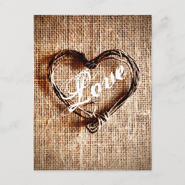 Postal Rustic Twine Heart Burlap Imprimir amor (Anverso)