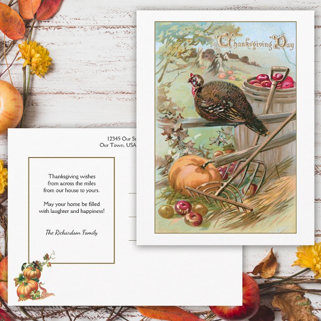 Postal Rustic Vintage Thankding Turkey & Pumpkin (Subido por el creador)
