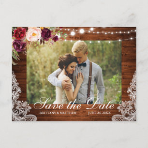 Postal Rustic Wood Floral Lights Lace Photo Save the Date