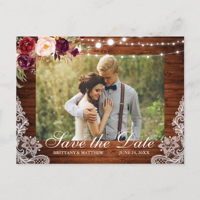 Postal Rustic Wood Floral Lights Lace Photo Save the Date (Anverso)