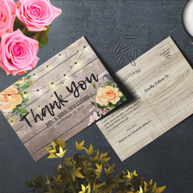 Postal Rustic Wood Floral String Lights Boda Gracias (Subido por el creador)