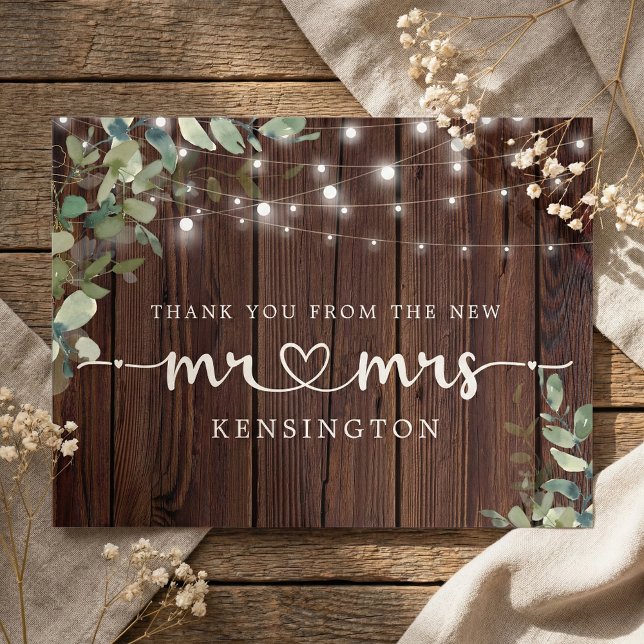 Postal Rustic Wood Lights Eucalyptus New Mr Mrs (Subido por el creador)