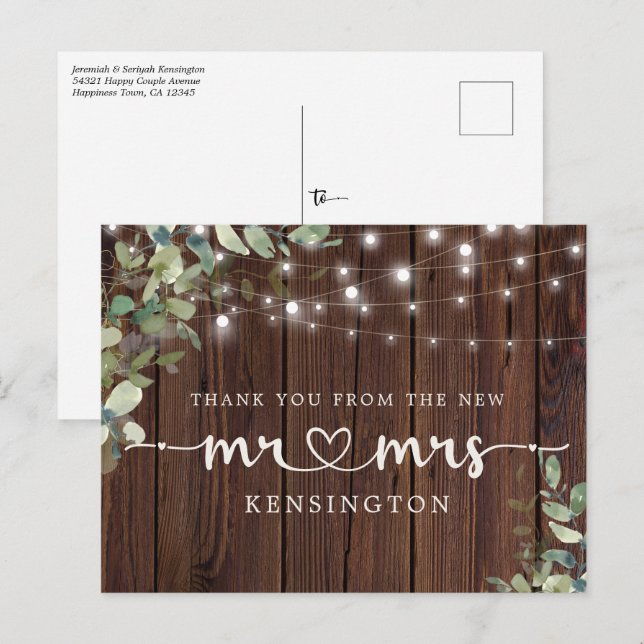 Postal Rustic Wood Lights Eucalyptus New Mr Mrs (Anverso / Reverso)