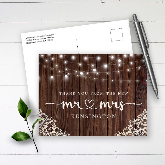 Postal Rustic Wood Lights Lace New Mr Mrs (Subido por el creador)
