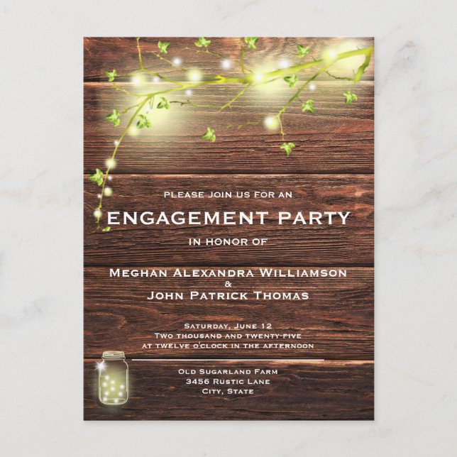 Postal Rustic Wood Mason String Lights Engagement Party (Anverso)