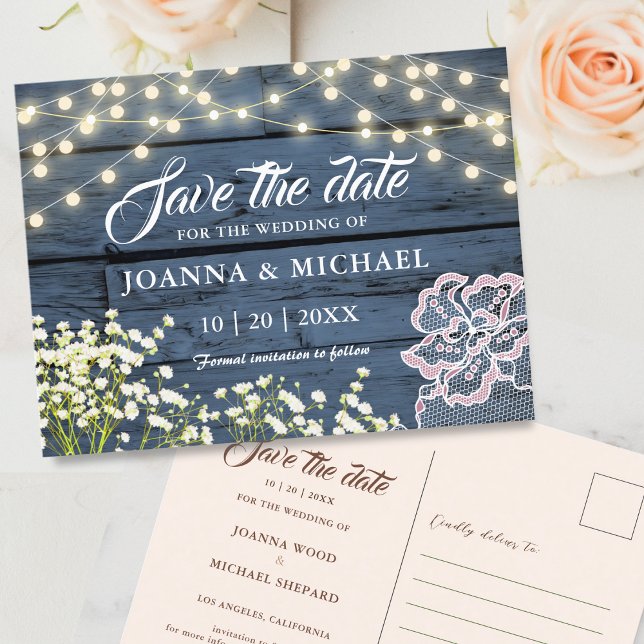 Postal Rustic Wood Navy Blue String Lights Save the Date (Subido por el creador)