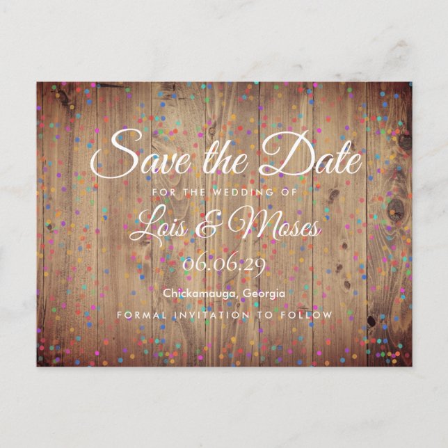 Postal Rustic Wood Panels Rainbow Confetti Save the Date (Anverso)