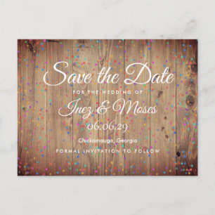 Postal Rustic Wood Panels Rainbow Confetti Save the Date
