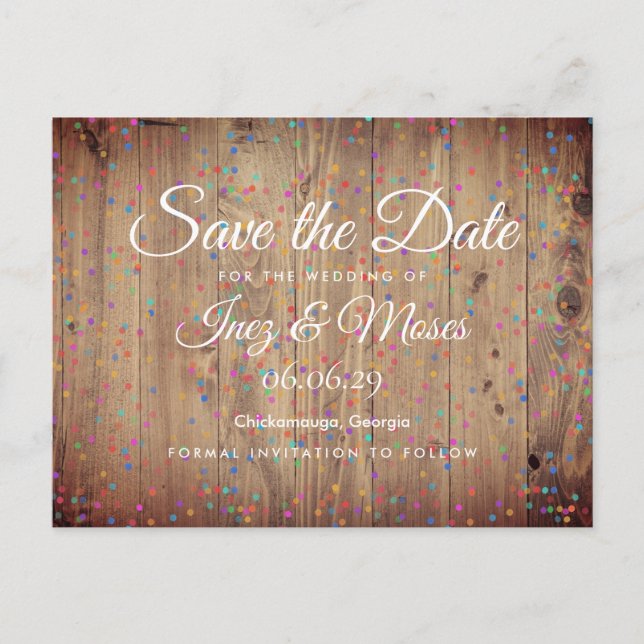 Postal Rustic Wood Panels Rainbow Confetti Save the Date (Anverso)