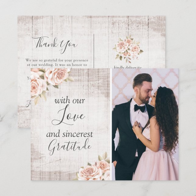 Postal Rustic Wood & Roses Shabby Wedding Agradecimiento  (Anverso / Reverso)