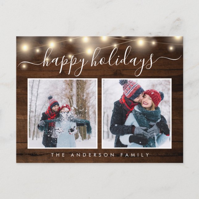 Postal Rustic Wood String Lights 2 Photo Holiday (Anverso)