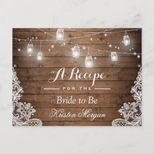 Postal Rustic Wood String Lights Lace Bridal Recipe Card