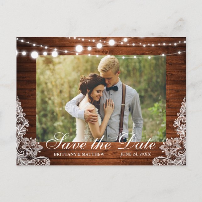 Postal Rustic Wood String Lights Lace Photo Save the Date (Anverso)