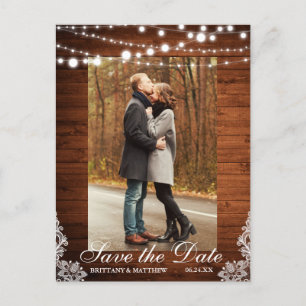 Postal Rustic Wood String Lights Lace Save the Date