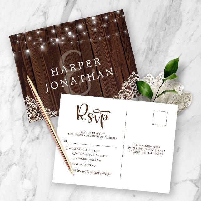 Postal Rustic Wood String Lights Lace Wedding RSVP (Subido por el creador)