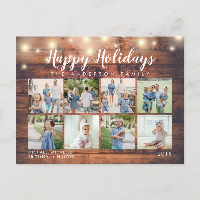 Postal Rustic Wood String Lights Photo Holiday (Anverso)